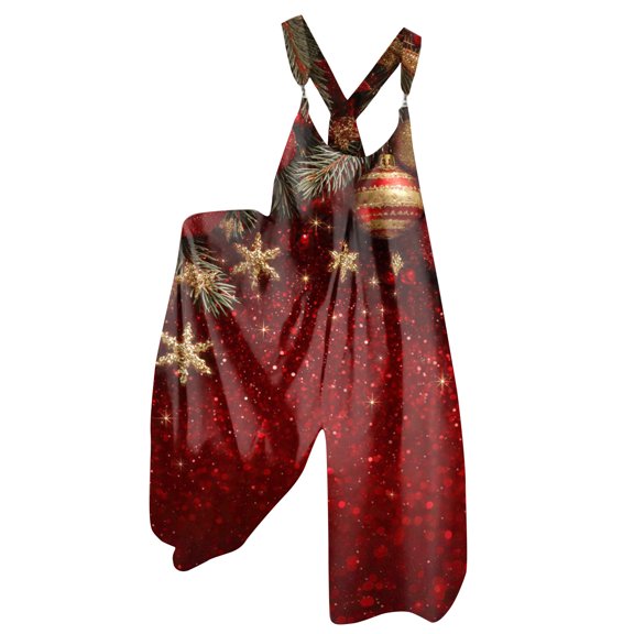 Women's Summer Overalls with Christmas Print - Vintage Jumpsuit (Non-Adjustable Straps), Red, Size S
