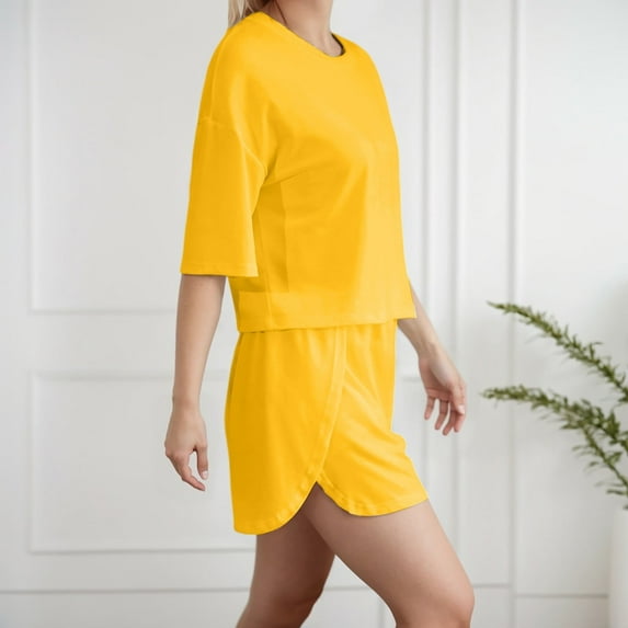 Women's Summer Pajama Set - 100% Cotton Breathable Sleepwear, Loose Fit Shorts & Tee Lounge Set in Solid Colors,for Size L