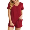 thumbnail image 1 of Women's Summer Pajamas 2 Piece Casual Soft V Neck Short Sleeve Tops and High Waisted Shorts Lounge Sets Sleepwear, 1 of 5