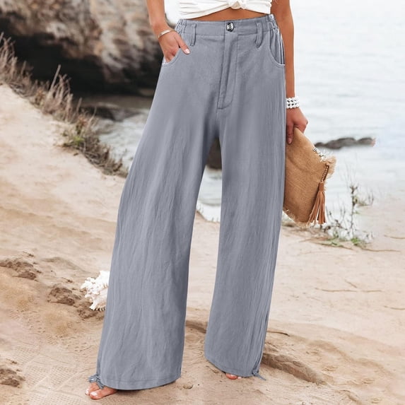 Women's Summer Palazzo Pants Smocked High Waist Flowy Wide Leg Beach Pants with Pockets