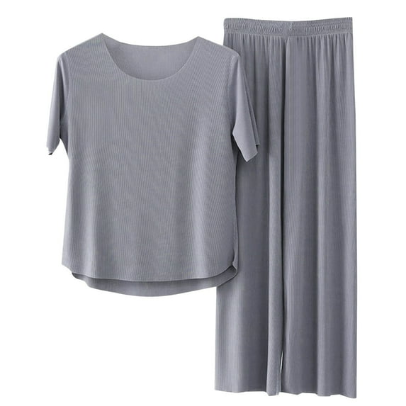 Women's Summer Pants Suit - Casual Seamless Solid Color Loungewear Set - Short Sleeve Button Down Top & Long Pants