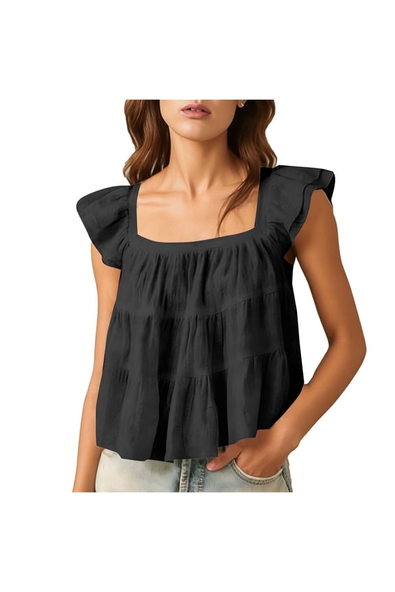 Women's Summer Peplum Babydoll Tops Cute Layered Ruffle Sleeve Square Neck Blouses Going Out Outfits
