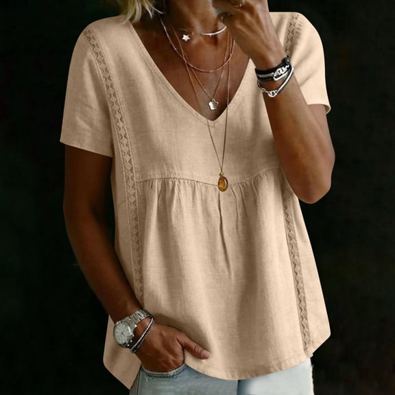 Women's Summer Peplum Top,V Neck Short Sleeve Lace Trim Blouse,Casual Cotton Blend T-Shirt,Lightweight Vacation Outfit,Trendy Spring Fall Tee Beige L
