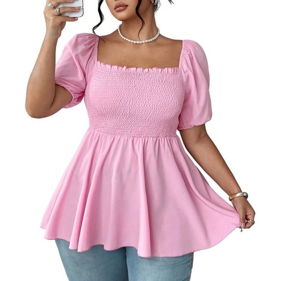 Women's Summer Peplum Tops Square Neck Ruffle Trim Short Sleeve Blouse Top Dressy Casual Shirts,2XL