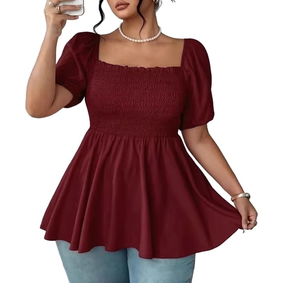 Women's Summer Peplum Tops Square Neck Ruffle Trim Short Sleeve Blouse Top Dressy Casual Shirts,4XL