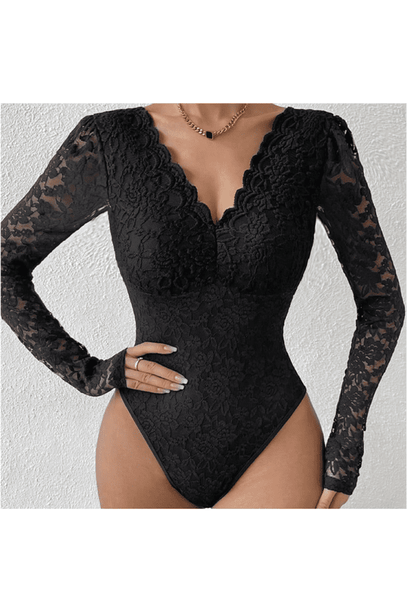 Women's Summer Pink Floral Lace Bodysuit, Sexy V-Neck Long Sleeve Fitted Top With Scalloped Trim For Date Night & Daily Casual Outfits