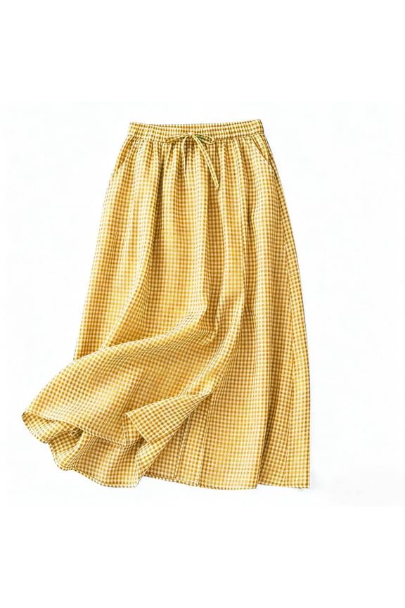 Women's Summer Plaid A Line Flowy Loose Skirt Casual Drawstring High Waist Midi Skirts M