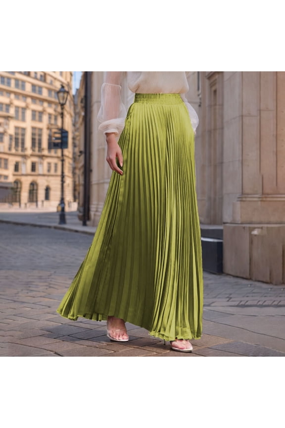 Women's Summer Pleated Maxi Skirts Elastic Waist Boho Flowy A Line Long Skirts Womens Casual Solid Loose Fits Lightweight Comfy Beach Vacation Skirt Dress