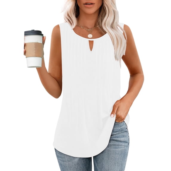 Women's Summer Pleated Tank Tops Keyhole Round Neck Babydoll Peplum Blouses Flowy Loose Fit Sleeveless Tunic Shirts