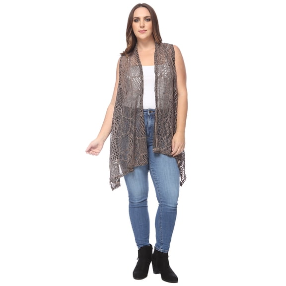 Women's Summer Plus Size Boho Open Front Hippie Crochet Cover Up Sleeveless Draped Shawl, Brown, Large/X-Large