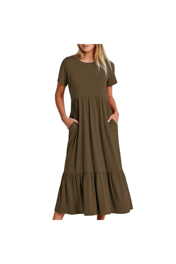Women's Summer Plus Size Dress Short Sleeve Crewneck Standard-Fit Casual Solid Flowy Tiered Beach Maxi Party Dress With Pockets