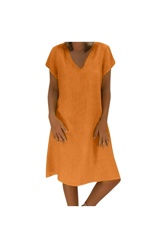 Women's Summer Plus Size Dresses Linen Solid Short Sleeve V Neck Midi Dresses Casual Loose A Line Tunic Tshirt Dress