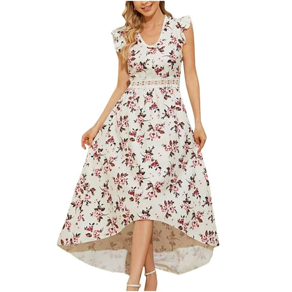 Women's Summer Plus Size Maxi Dresses Fly Sleeve V Neck Flower Print Vacation Beach Swing Long Dresses