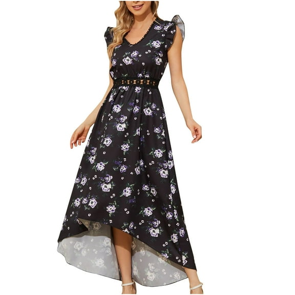 Women's Summer Plus Size Maxi Dresses Fly Sleeve V Neck Flower Print Vacation Beach Swing Long Dresses