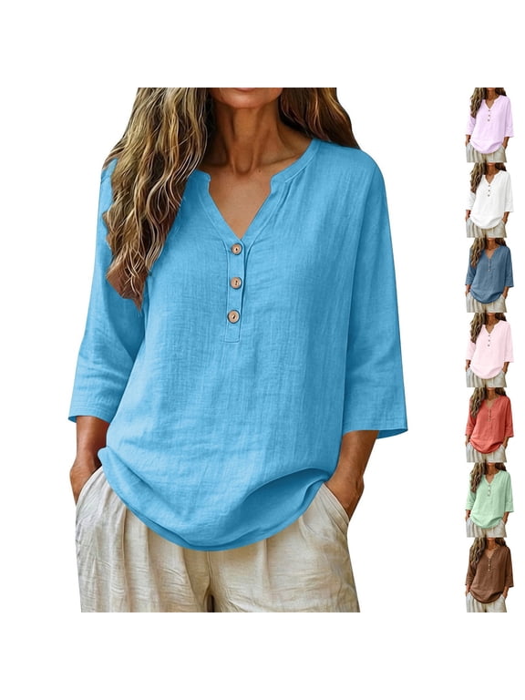 Women's Summer Plus Size Shirts Cotton Linen Casual Travel Work Tops 3/4 Sleeve V Neck Button Blouses Teacher Shirts Work Out Business Loose Fit Clothes Solid S-5XL