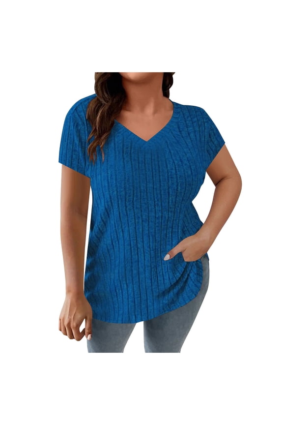 Women's Summer Plus Size Solid Color Round Neck Ribbed Knit Short Sleeve Top, Casual Lightweight Stretchy T-Shirt, Comfortable Everyday Wear for All Seasons, Available in Multiple Sizes and Colors