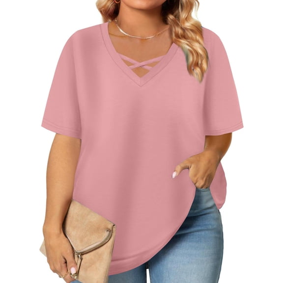 Women's Summer Plus Size T-Shirts Short Sleeve Solid Color V-Neck Tee shirts Loose Fit Tops Clothes - 2XL