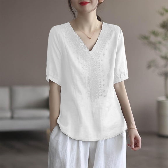 Women's Summer Plus Size T-Shirts Short-sleeved Solid Color V-neck Embroidered Casual Tee shirts Loose Fit Tops Clothes - White∣L
