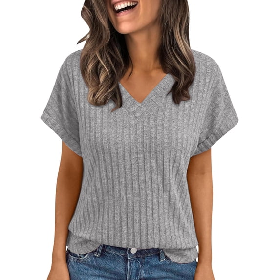 Women's Summer Plus Size T-Shirts V-Neck Solid Short Sleeve Casual Tee shirts Loose Fit Tops Clothes - Gray∣2XL