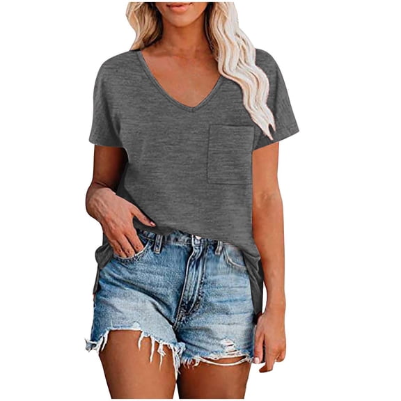 Women's Summer Plus Size T-Shirts V-neck Raglan Shoulder Split Short-Sleeved Solid Color Casualss Tee shirts Loose Fit Tops Clothes - Gray∣2XL