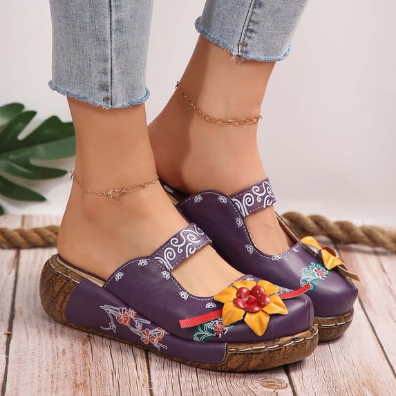 Women's Summer Plus-size Casual Vintage Print Patchwork Braid Sandals Sandals for Women 2025 Purple 36