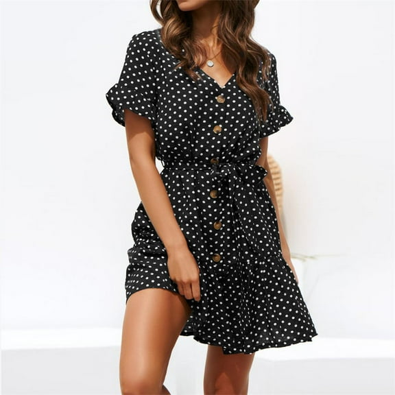 Women's Summer Polka Dot Print Loose Fit Tie Waist Short Sleeve Ruffle Dress
