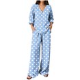 thumbnail image 1 of Women's Summer Polka Dot Printed 2 Piece Loungewear V Neck Long Sleeve Top & Loose Wide Leg Long Pants with Pockets Soft Casual Matching Pajama Set Light Blue, 1 of 6
