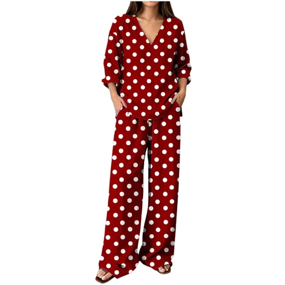 Women's Summer Polka Dot Printed 2 Piece Loungewear V Neck Long Sleeve Top & Loose Wide Leg Long Pants with Pockets Soft Casual Matching Pajama Set Red
