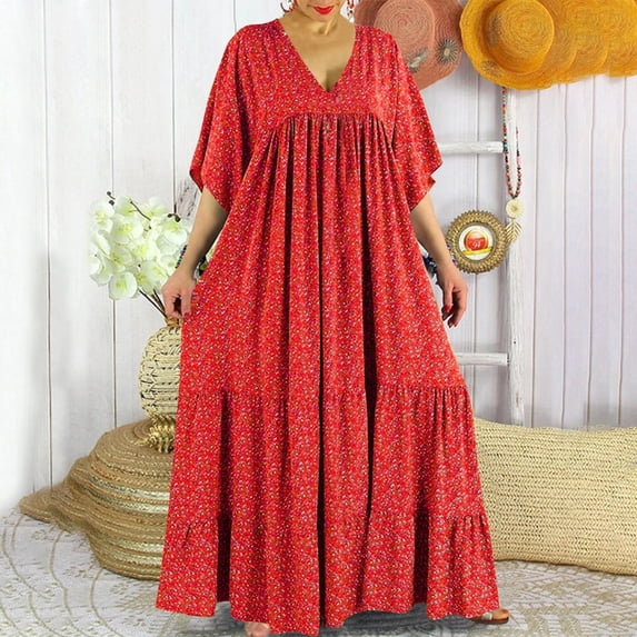 Women's Summer Print Casual Loose Short Sleeve V-Neck Dress