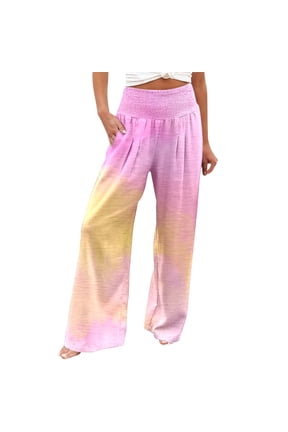 Women's Summer Print Elastic High Waist Wide Leg Pants - Hand-Painted Design, U-Shaped Back, Functional Pockets, Versatile for All Occasions