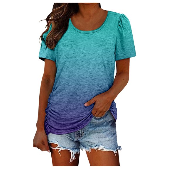 Women's Summer Print Short Sleeve T-Shirt - Stylish Round Neck Casual Top with Ruffle Detail - Soft Breathable Blouse