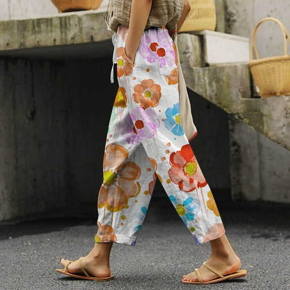 Women's Summer Printed Linen Drawstring Elastic Waist Pants Lightweight Straight Leg Casual Trousers With Pockets For Vacation And Beach Pants for Juniors Pants Suits for Women Business Casual Soft