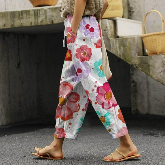 Women's Summer Printed Linen Drawstring Elastic Waist Pants Lightweight Straight Leg Casual Trousers With Pockets For Vacation And Beach Pants for Juniors Pants Suits for Women Business Casual Soft