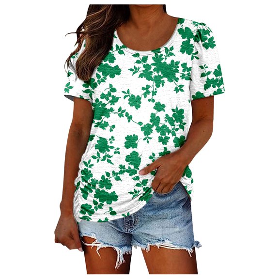 Women's Summer Printed Short Sleeve T Shirt Stylish Round Neck Casual Top With Ruffle Detail Soft Breathable Blouse For Everyday Wear & Vacation