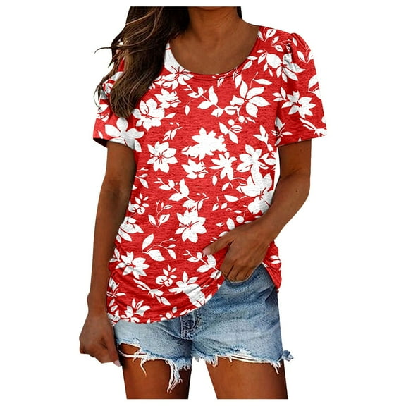 Women's Summer Printed Short Sleeve T Shirt Stylish Round Neck Casual Top With Ruffle Detail Soft Breathable Blouse For Everyday Wear & Vacation