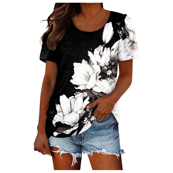 Women's Summer Printed Short Sleeve T Shirt Stylish Round Neck Casual Top With Ruffle Detail Soft Breathable Blouse For Everyday Wear & Vacation