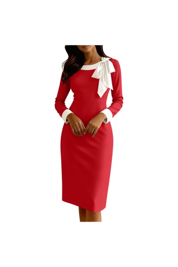 Women's Color Block Crew Neck Long Sleeve Knee Length Dress – Slim Fit Knit Work Dress With