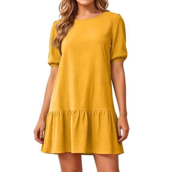 Women's Summer Puff Sleeve Mini Dress, Casual Crewneck Ruffle Hem Babydoll Dress, Loose Fit Tiered Shift Sundress