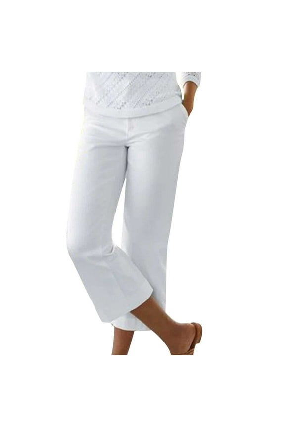 Black and Friday Women's Summer Pull-On Cropped Pants with Pockets Stretch Ankle Length Loose Fit Trousers Solid Palazzo Wide Leg Pants White M