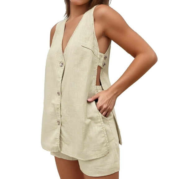 Women's Summer Pure Sleeveless Top And Shorts Two Piece Set