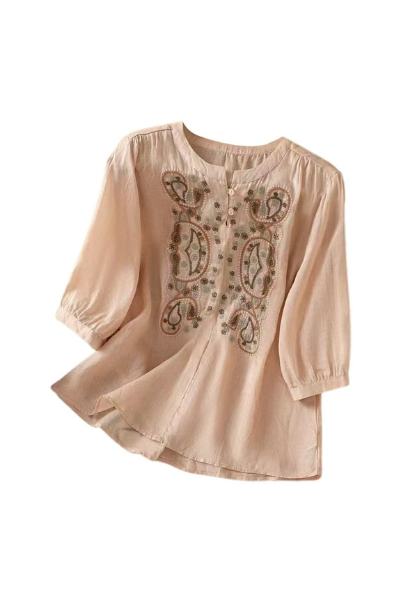 Women's Summer Retro Round Neck T-Shirt Disc Buckle Embroidery Literary Half Open Pullover Casual Comfortable Top