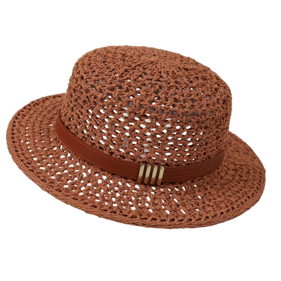 Women's Summer Retro Straw Fedora Hat Hollow Out Woven Flat Top UV Protection Sun Hat