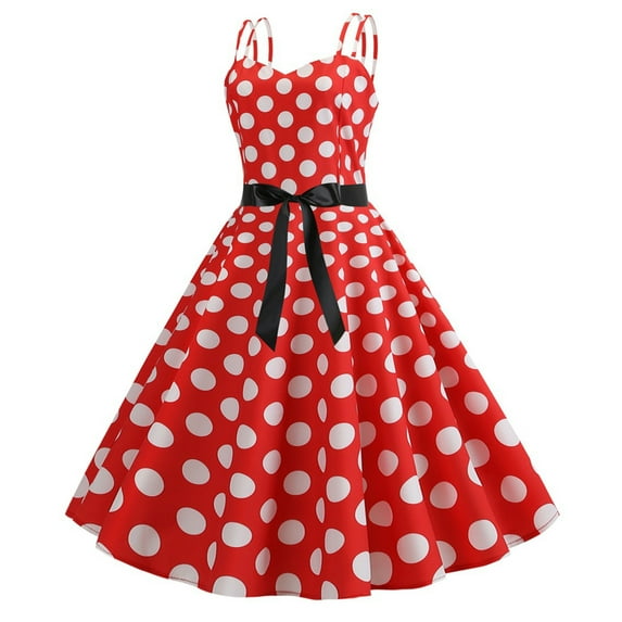 Women's Summer Retro Vintage Polka Dot Print Tea Party Prom Dress Sleeveless Camis Cocktail Party Swing Midi Dress