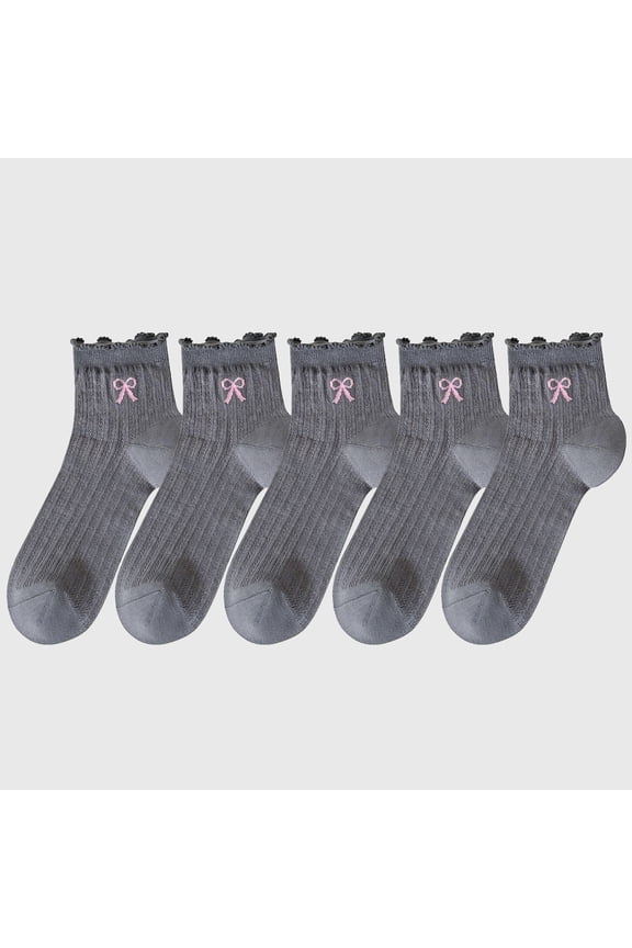 Women's Summer Ribbed Ankle Socks with Bow Embroidery 5Pk - Gray