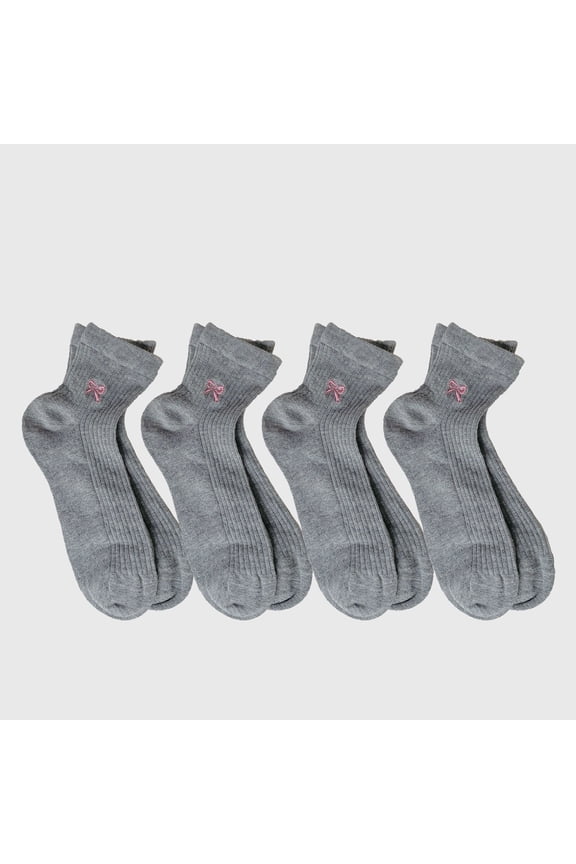 Women's Summer Ribbed Ankle Socks with Bow Embroidery - Light Gray
