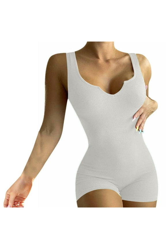 Women's Summer Ribbed Sleeveless V Neck Tank Top Romper One Piece Yoga Workout Bodysuits Shorts Jumpsuit Clubwear