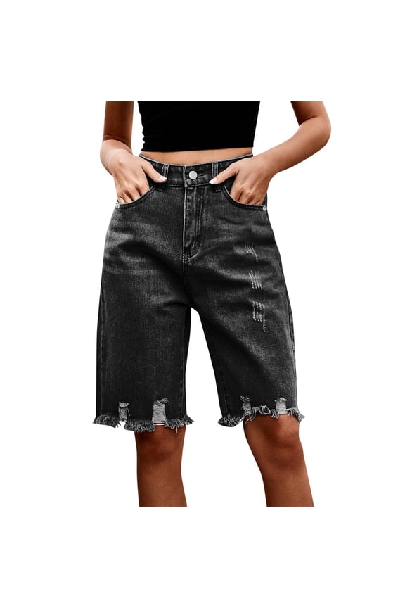 Women's Summer Ripped Jeans Shorts Denim Ripped Fashion Edge Tassel Denim Flowy Shorts S-2XL