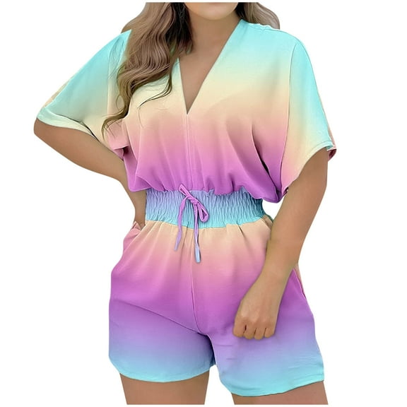 Women's Summer Romper Fashion Tie Smocked Waist Graphic Print Short Jumpsuit Pleated Kimono Sleeve Loose Party Outfits, Multicolor, L