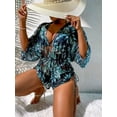 thumbnail image 1 of Women's Summer Romper Floral Print V Neck Flared Half Sleeve Elastic Tie Waist Ruffle Casual Rompers Jumpsuits Three Piece (Leaves-M), 1 of 4