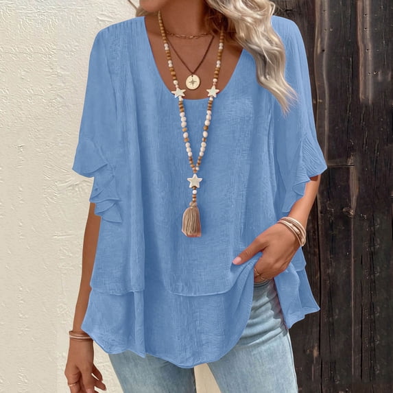 Women's Summer Round-Neck Casual Half Sleeve Ruffle T-Shirt Top